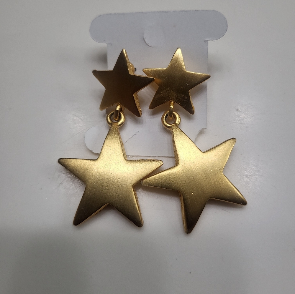 Metal Star Dangle Post Stud Gold Tone Earrings